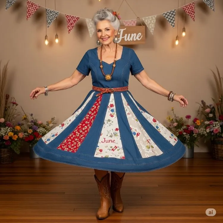 Uma mulher mais velha com cabelos grisalhos e um sorriso caloroso apresenta um dos looks de festa junina 2025. Ela veste um vestido de patchwork com tons de azul, vermelho e branco floral, complementado por um cinto trançado e botas country marrons. A mulher usa um colar com um pingente de girassol e pulseiras. O cenário festivo inclui bandeirolas, luzes suaves e arranjos de flores, evocando a atmosfera de uma celebração junina no Brasil.

