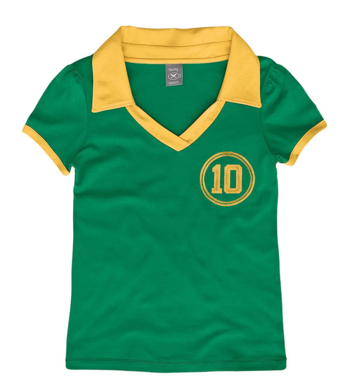 Camiseta polo nas cores verde e amarelo, representando o Brasil.
