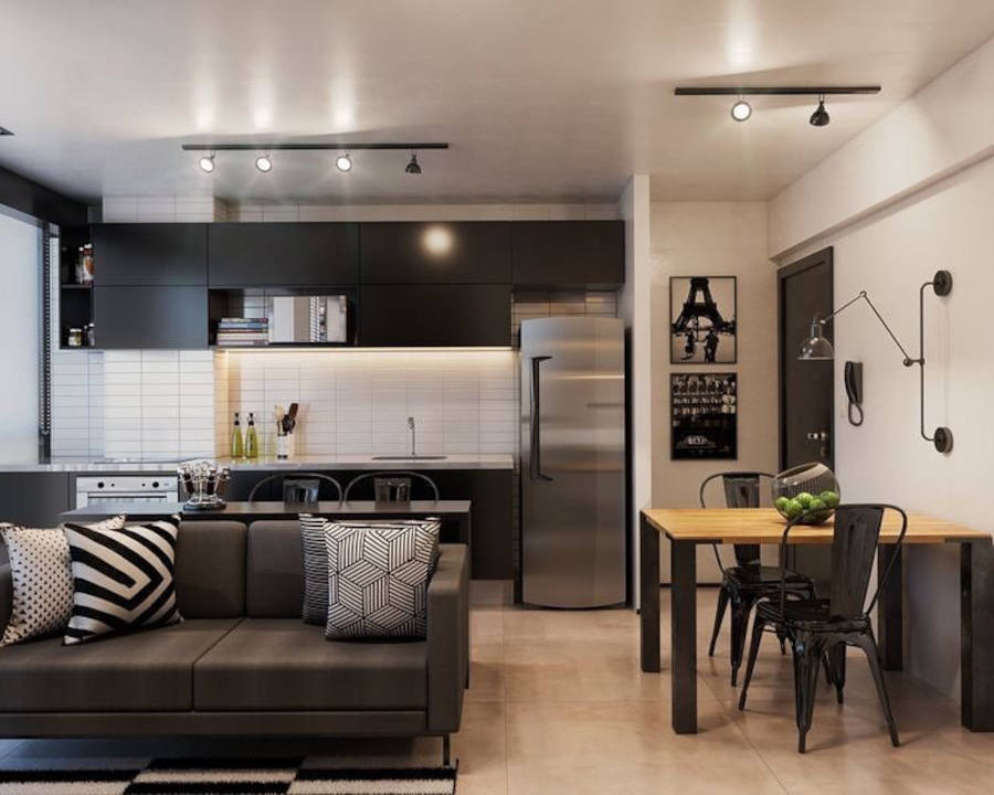 Sala de estar, jantar e cozinha em preto e branco.