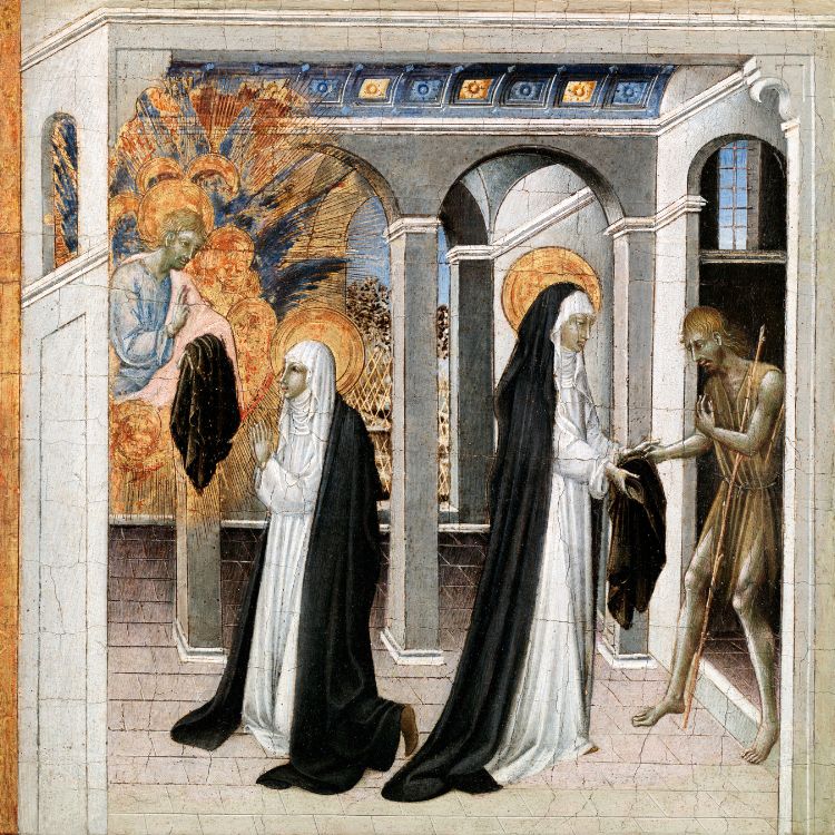 Cena renascentista com Santa Catarina de Siena vestindo hábito negro e branco. À esquerda, uma visão celestial de anjo com túnica rosada. À direita, Santa Catarina entrega um manto para um homem pobre em ambiente com arquitetura clássica.