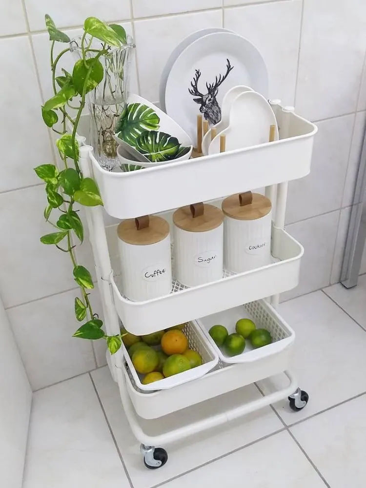 Jiboia pendente em uma estante na cozinha com frutas e temperos.