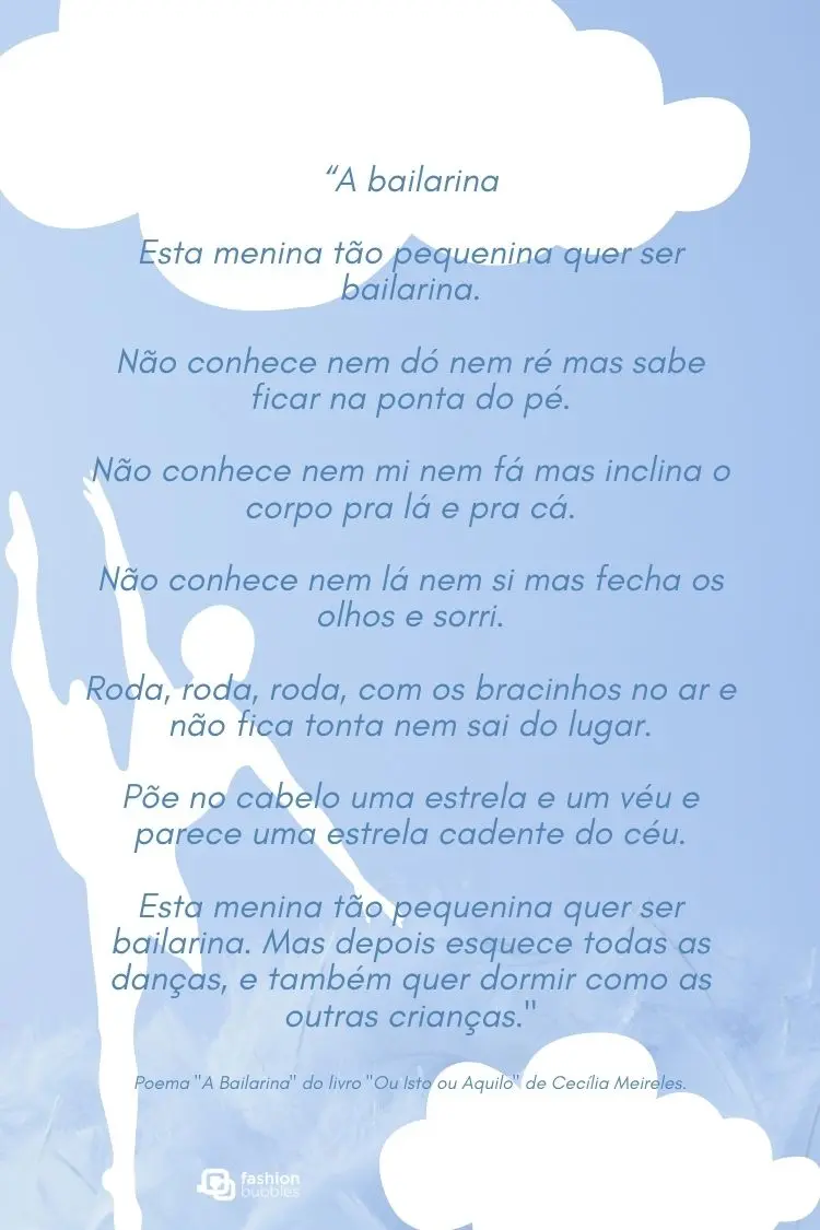 A imagem mostra o poema "A Bailarina" de Cecília Meireles sobre a silhueta de uma bailarina dançando. O poema descreve a menina que, embora não saiba música, dança com alegria e leveza, como uma estrela cadente.