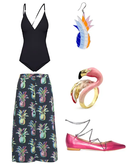 Montagem de fundo branco com look de body preto, calça de abacaxi e acessórios