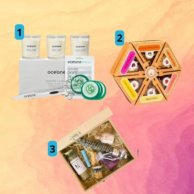 Montagem de fundo colorido com produtos de relaxamento, como infusão de frutas e cremes