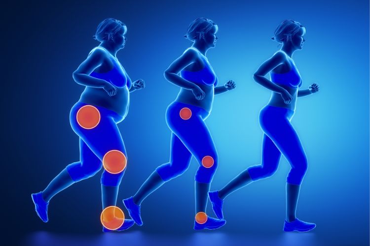 A imagem mostra uma progressão digital de uma mulher correndo, com a silhueta em tons de azul e brilhos laranjas nos quadris, joelhos e tornozelos. Ela vai de um corpo mais volumoso à esquerda para um mais atlético à direita, ilustrando a perda de peso.