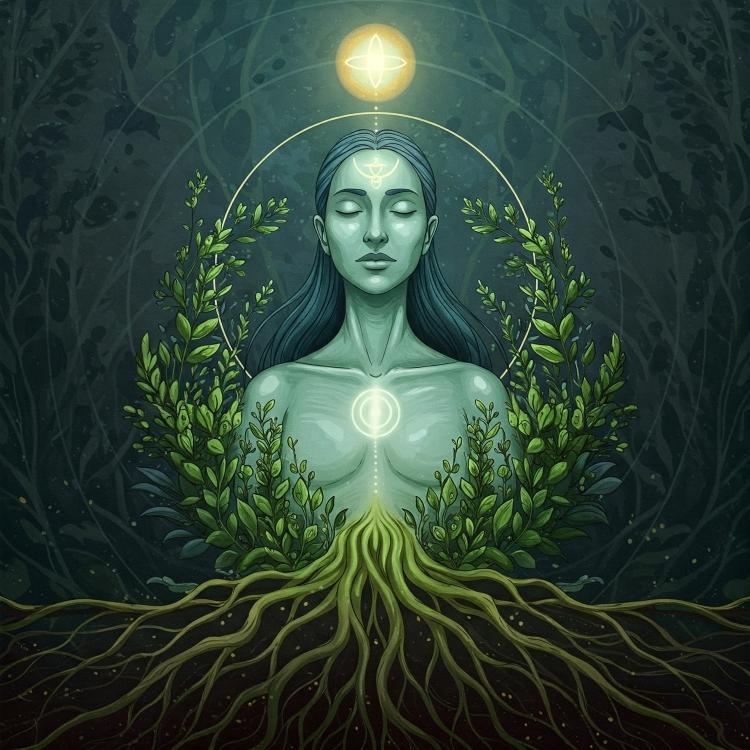 Ilustração mística de mulher de olhos fechados, cercada por folhagens que crescem em harmonia com raízes conectadas ao solo. Luzes emanam de seu peito e testa, simbolizando conexão espiritual, equilíbrio com a natureza e energia transcendental.