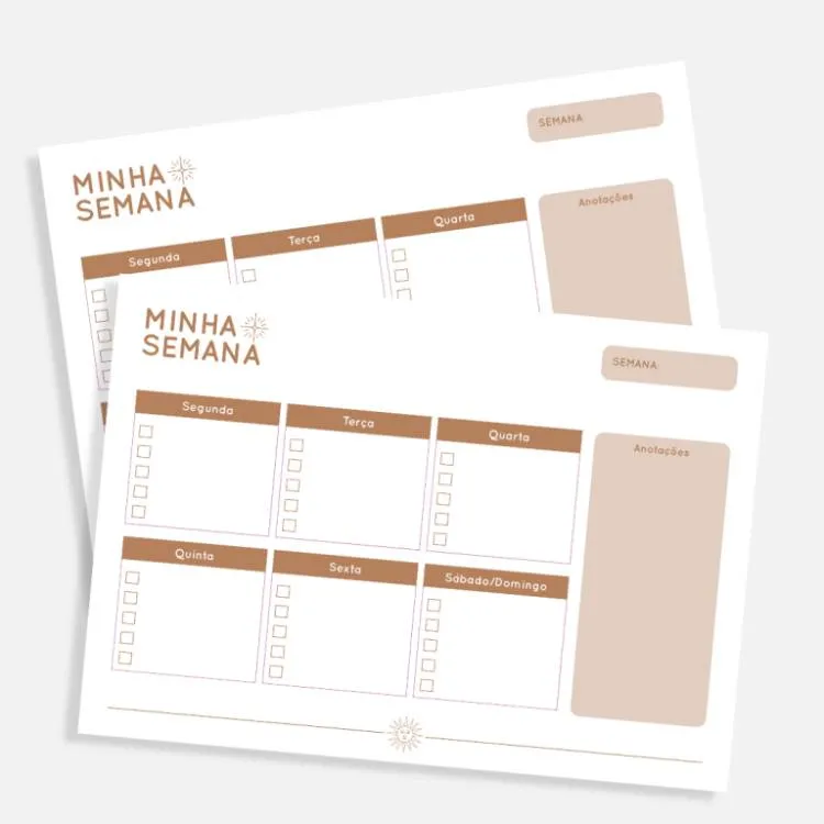 Planner semanal em tons terrosos, com dias da semana e espaço para anotações. 