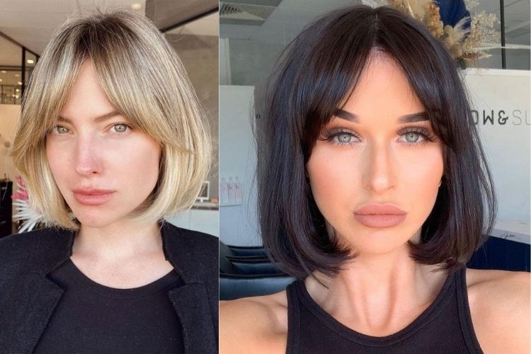 Duas mulheres com corte bob e franja alongada