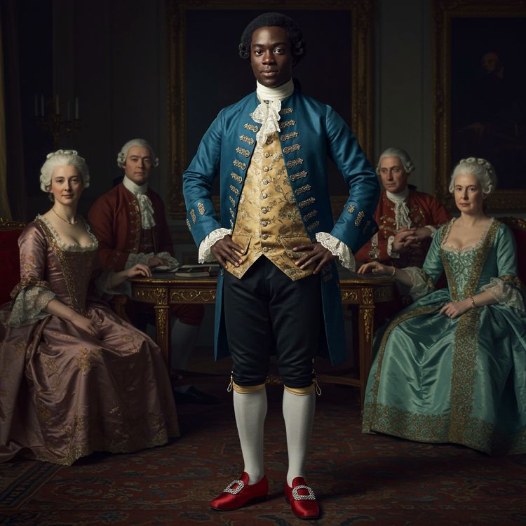 Homem negro vestindo traje aristocrático do século XVIII, com casaco azul e colete dourado, é destacado ao centro, cercado por quatro figuras aristocráticas brancas em trajes elegantes e tradicionais, sentadas ao fundo em uma sala luxuosa.