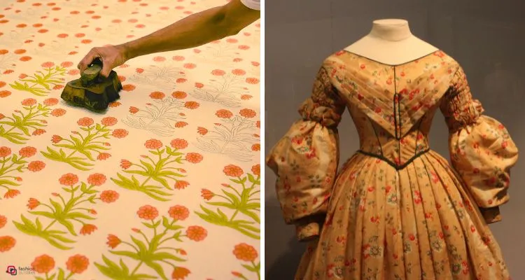 Duas fotos, print com bloco e vestido antigo com estampa chintz