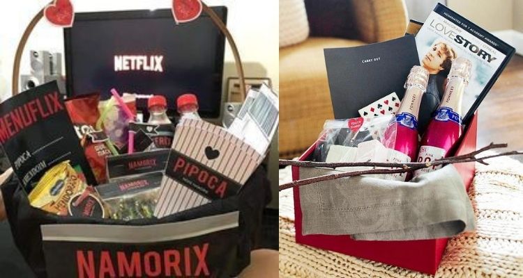 Cestas para filme em casa, com bebidas, doces e salgados