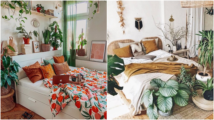 Montagem com dois quartos com plantas na cabeceira ou nos pés da cama