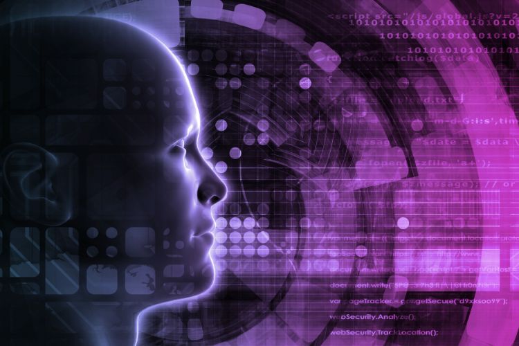 Verificação de informações geradas por IA: avatar em fundo roxo com códigos