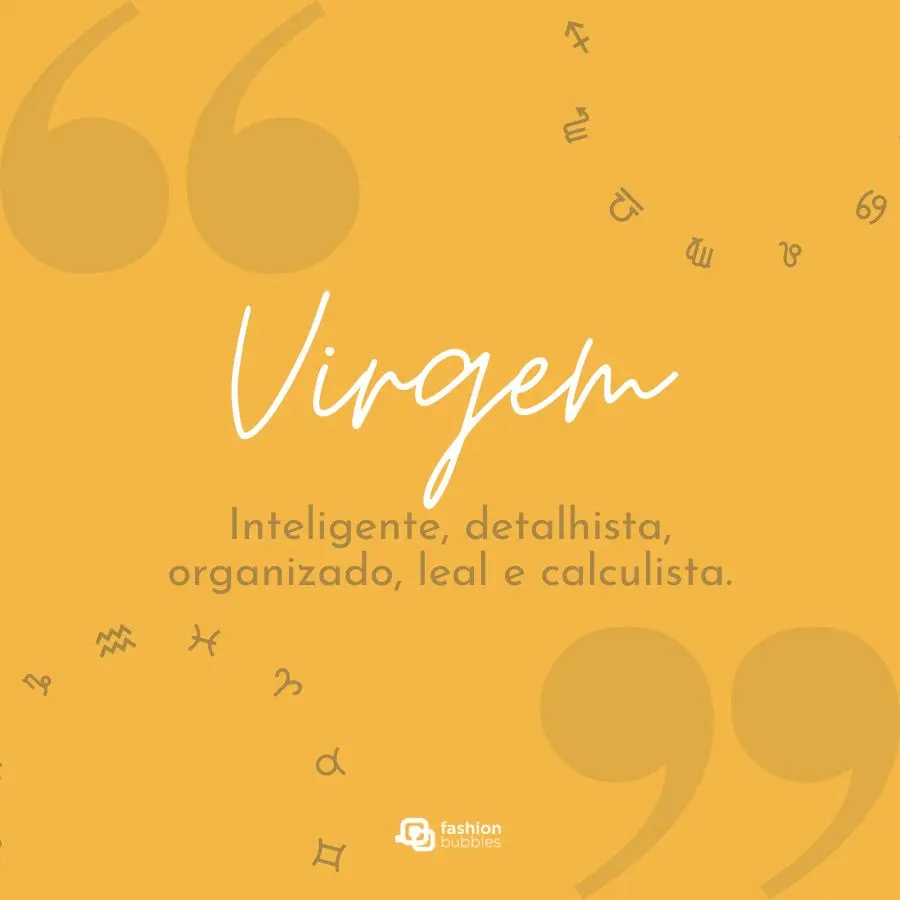 fundo amarelo com símbolos do zodíaco e características do signo de Virgem escritas