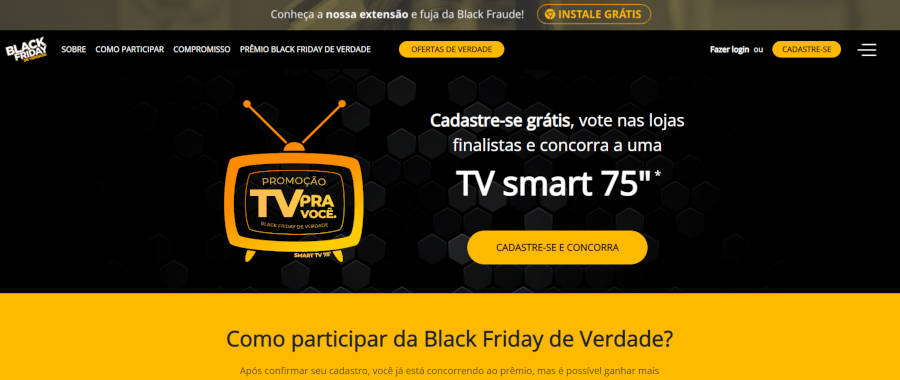 Foto da tela do site blackfriday de verdade, em tons de preto e amarelo, desenho de TV e promoção antiga do site 