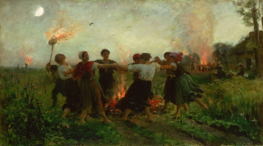 Pintura A Festa de São João de Jules Breton, 1875, de pessoas dançando em gramado