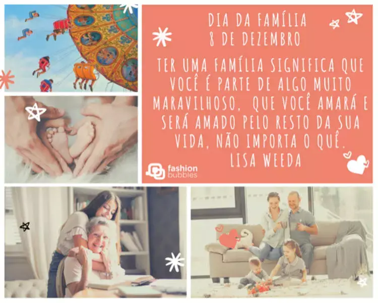 Cartão virtual com fotos de diversas famílias e retângulo salmão escrito "Ter uma família significa que você é parte de algo muito maravilhoso, que você amará e será amado pelo resto da sua vida, não importa o quê." (Lisa Weeda)