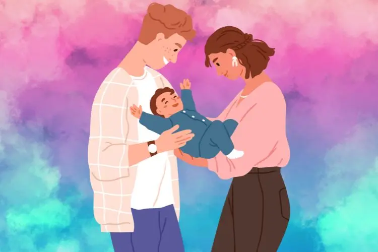 Fundo de aquarela azul e rosa com ilustração de homem e mulher segurando bebê no colo