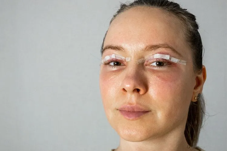Foto de pessoa com cabelos escuros presos em um rabo de cavalo, após realização de cirurgia plástica blefaroplastia. Ela está com a pele ao redor dos olhos avermelhada e usando curativos nas pálpebras