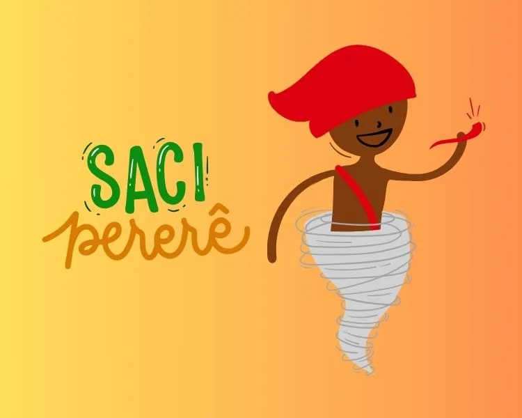 Fundo amarelo com escrito Saci-prerê e desenho digital do Saci no redemoinho