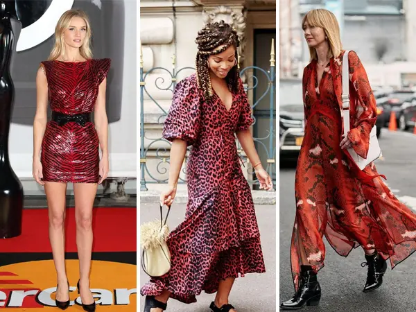 Mulher de pele clara usando vestido de zebra em vermelho e preto; mulher de pele negra usando evstido midi de onça em vermelho e mulher de pele clara usando vestido midi fluido de cobra em vermelho