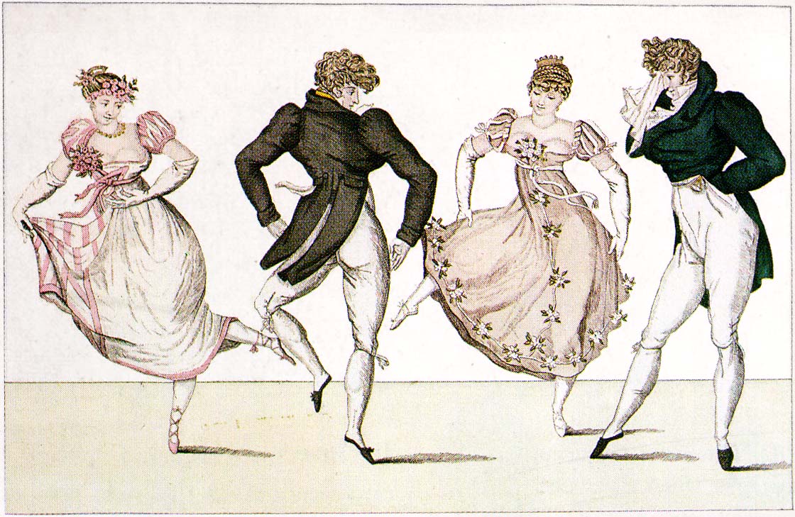 Uma "quadrille française". Ilustração de "La Trénis", publicada no "Le Bon Genre" em 1805.