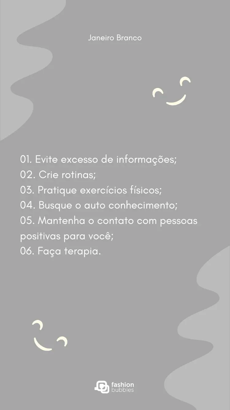 Lista com seis dicas para cuidar da saúde mental escrito de branco em fundo cinza com carinhas amarelo-claro sorridentes