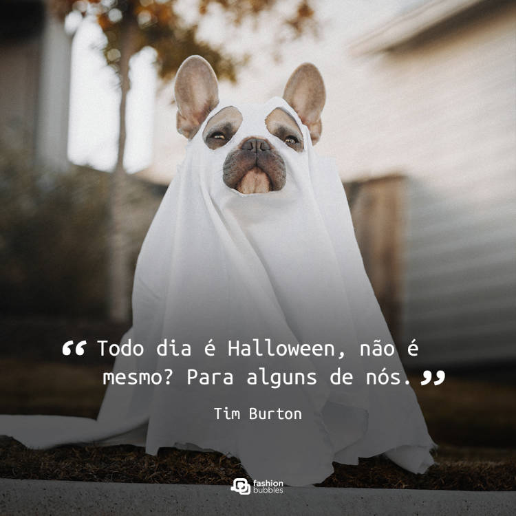 Foto de buldogue francês fantasiado de fantasma e frase “Todo dia é Halloween, não é mesmo? Para alguns de nós.” (Tim Burton)
