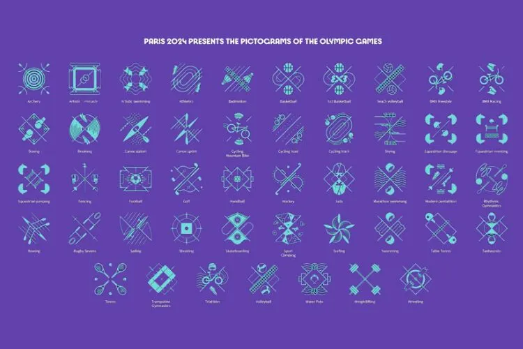 Pictograma de fundo roxo com símbolos de todas as modalidades das Olimpíadas
