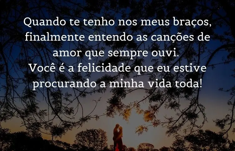 Foto de homem e mulher abraçados em meio a arvores  e frase Quando te tenho nos meus braços, finalmente entendo as canções de amor que sempre ouvi. Você é a felicidade que eu estive procurando a minha vida toda!