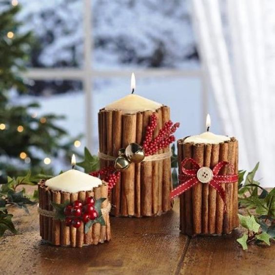 Resultado de 3 velas decoradas com canela em pau