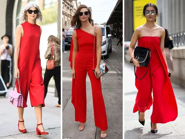 Montagem com 3 mulheres de pele clara usando vermelho: uma usa em macacão curto; outra usa em macacão de ombro só e outra usa de macacão sem alça