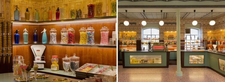 Milão, Bar Luce, Fundação Prada, Café em Milão Imagem da esquerda prateleiras do Bar Luce com balas e sorvetes em tons Candy color, bem como foto da direita imagem geral do Balcão da Fundação Prada em Milão