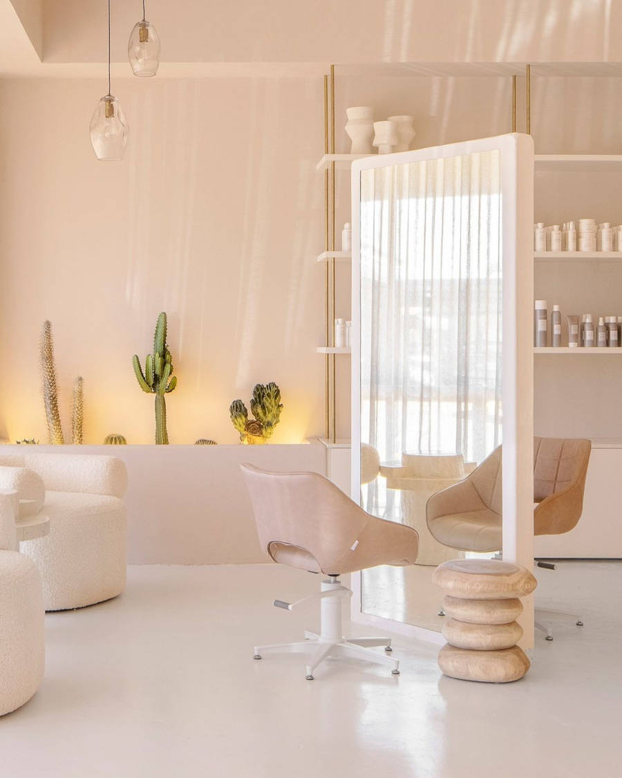 Decoração de salão de beleza com cactos.