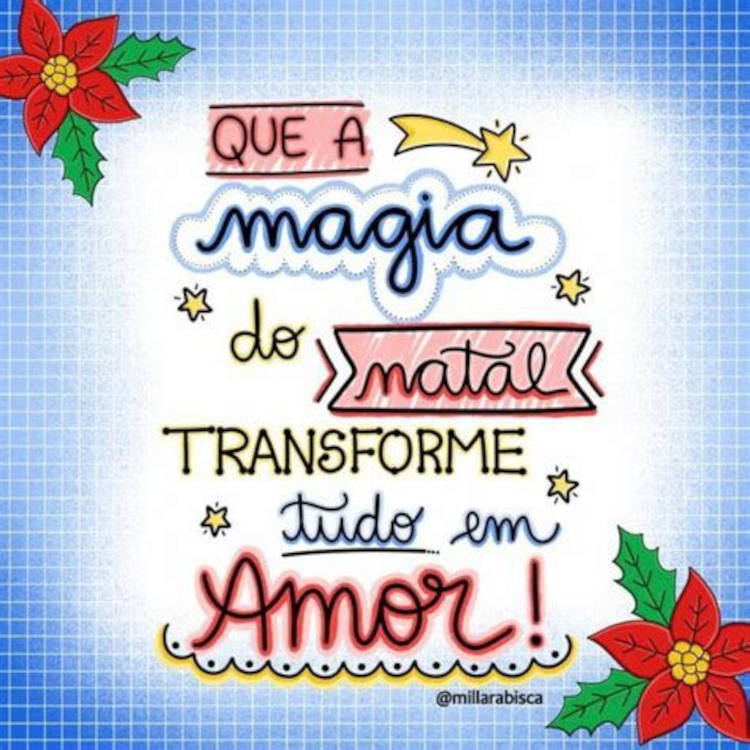 Cartão virtual de fundo azul quadriculado, flores natalinas e frase:  Que a magia do Natal transforme tudo em Amor! 