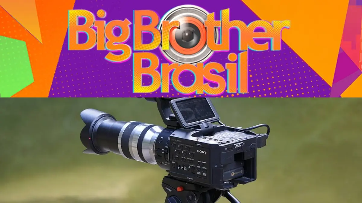 Montagem de duas fotos. Logo do BBB em cima e uma câmera filmadora embaixo.