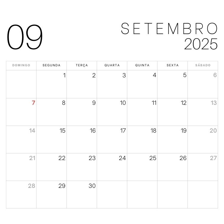 A imagem apresenta o calendário de setembro de 2025 com design minimalista. No canto superior esquerdo está o número "09", e "SETEMBRO 2025" aparece no superior direito. O dia 7, um domingo, está destacado em vermelho.