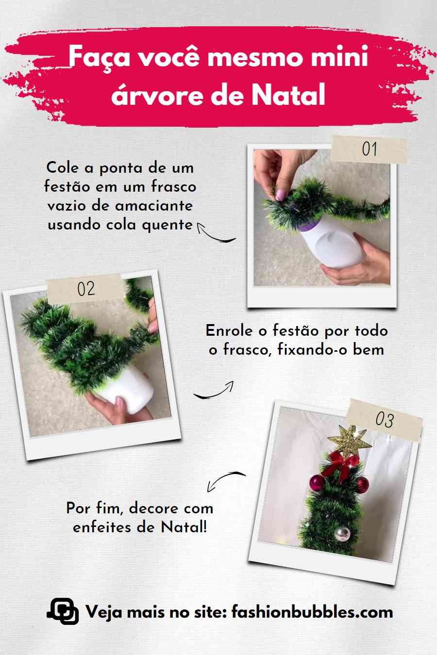 Montagem com passo a passo de mini árvore de Natal