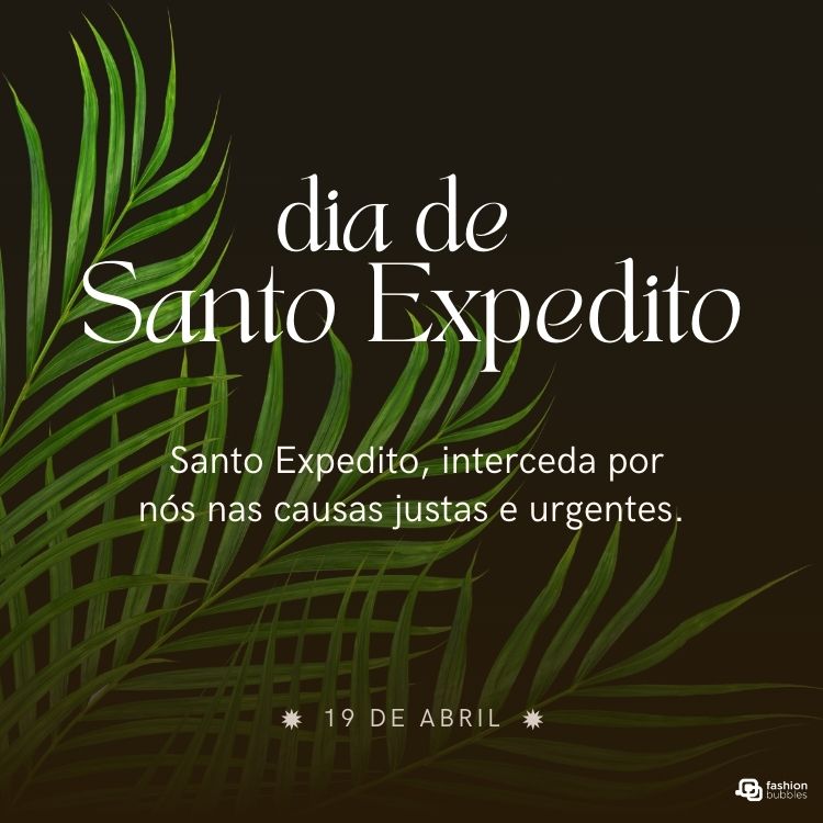 Oração a Santo Expedido em fundo preto com desenho digital de ramos