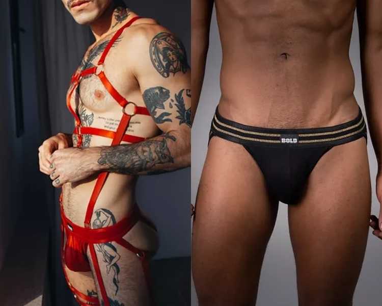 Foto de modelos usando acessórios sexy da marca queer Bold Strap.