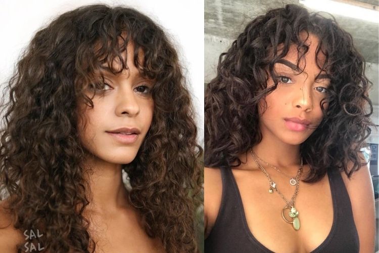 Duas fotos de mulheres com franja cortina cabelo cacheado