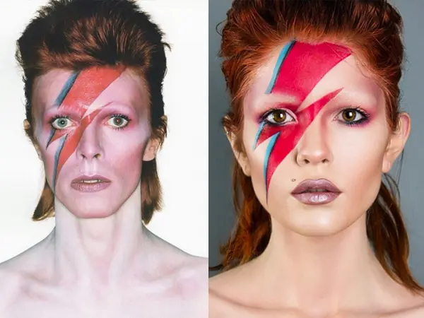 Foto de David Bowie e mulher ruiva de pele clara com a mesma maquiagem