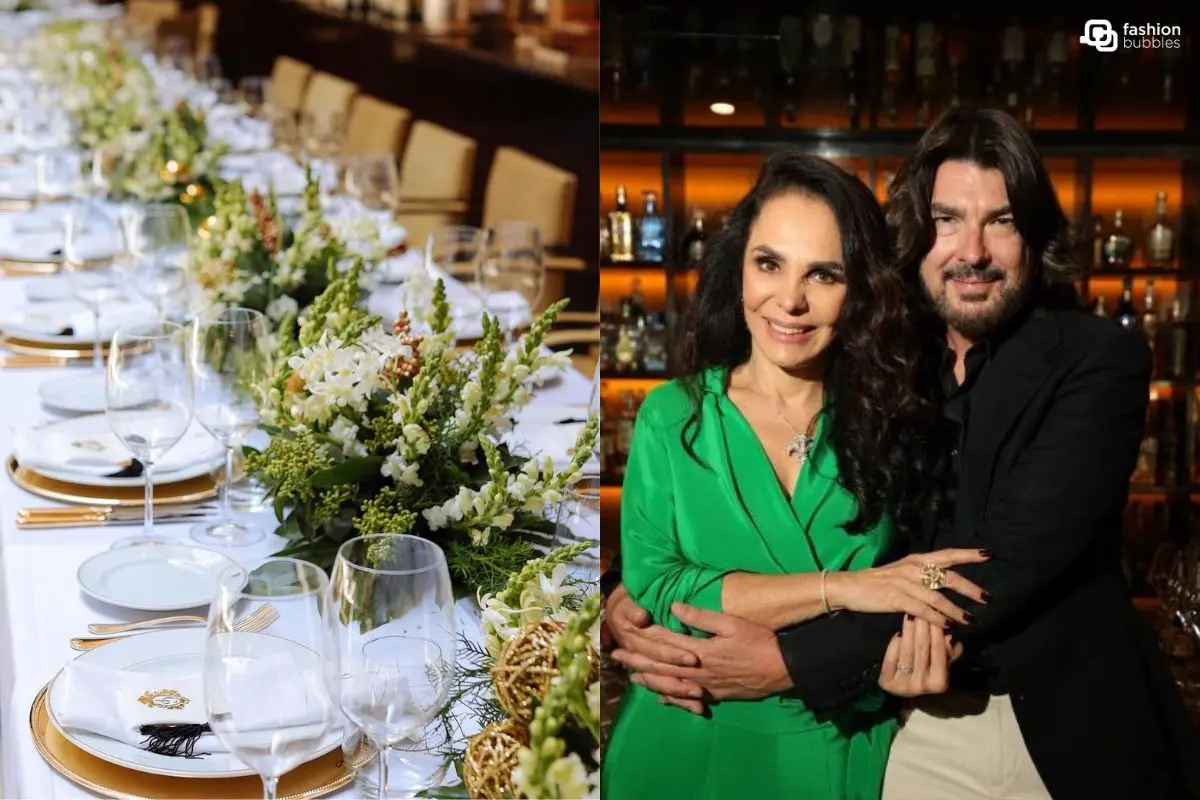 Montagem de duas fotos, uma de mesa-posta com pratos, taças e flores para o almoço especial de fim de ano da joalheria Cris Porto e do outro foto de Cris Porto e de Stephane Rolland