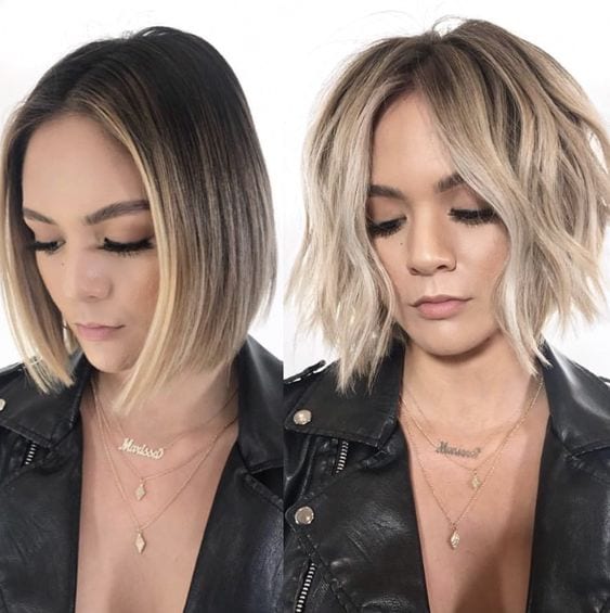 Montagem 2 fotos de mulher com cabelo curto liso e ondulado