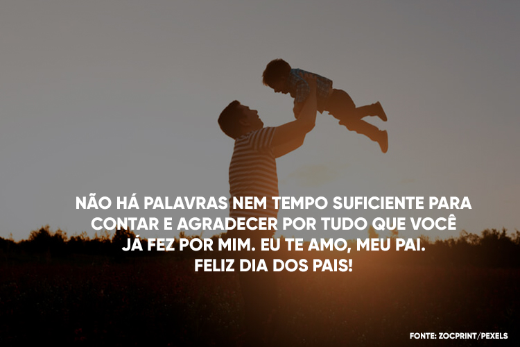 Foto de pai segurando filho pequeno no alto e frase "Não há palavras nem tempo suficiente para contar e agradecer por tudo que você já fez por mim. Eu te amo, meu pai. Feliz Dia dos Pais!"