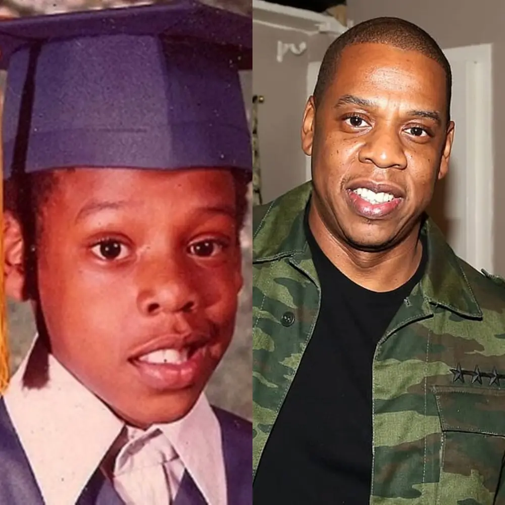 Foto do rapper Jay-Z na infância e atualmente