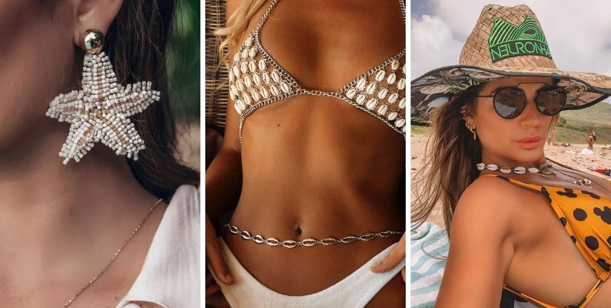 Montagem com fotos de acessórios para a praia, como brincos de estrela do mar, biquini com joias e chapéu
