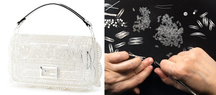 Foto da bolsa baguette Fendi em filigrana de prata foto da direita duas mãos trabalhando em filigrana de prata