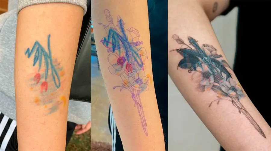 Três fotos lado a lado de tatuagens no mesmo lugar do braço de uma pessoa. A primeira tatuagem é um desenho de flores coloridas em efeito de giz. A segunda imagem é dessa tatuagem embaixo de um desenho rascunhado de uma espada e flores. A segunda é a tatuagem das flores coberta pela tatuagem nova da espada com flores ao redor.