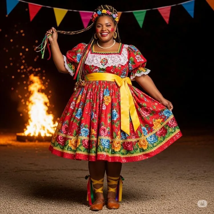 Uma mulher sorridente com tranças e uma coroa de flores está dançando perto de uma fogueira sob bandeirolas coloridas. Ela veste um vestido vermelho vibrante com estampas florais e detalhes em renda branca, além de uma faixa amarela na cintura e botas marrons com fitas coloridas. A atmosfera sugere uma celebração festiva ao ar livre, possivelmente no Brasil, dadas as decorações típicas de festa junina.


